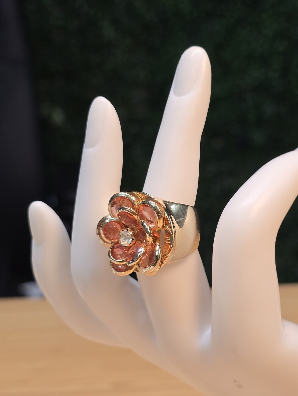 Gold-Tone Pink Flower Cocktail Ring - Women Jewelry